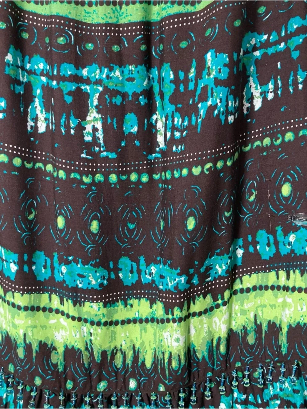 Kim Rogers Boho Paisley Rayon Maxi Skirt Green Brown Blue Size M Beaded Fringe
